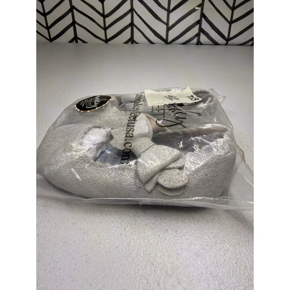 Monkey Feet Silver Sparkle Ballet Flat Bow Shoes Girls 18-24M/ 6-7c 7033